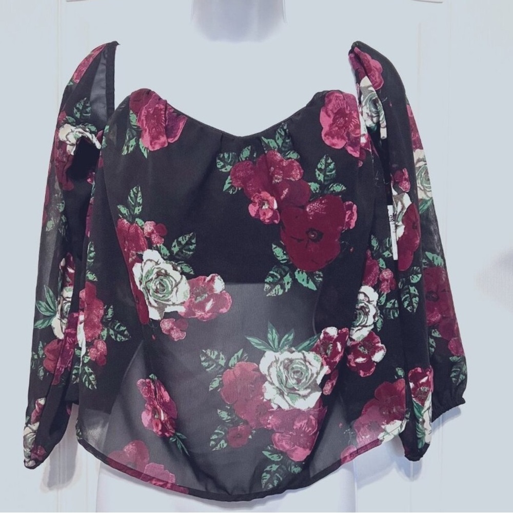 Charlotte Russe Y2K Black and Pink Floral Blouse Size Small